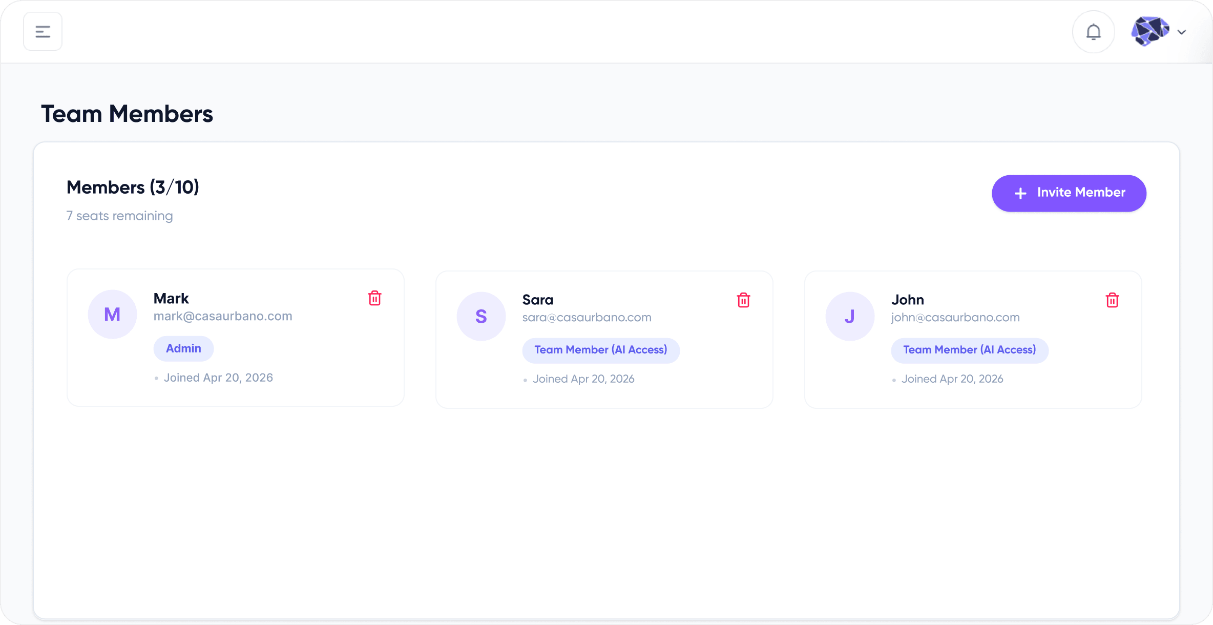 NeuraBoard team Members management screen