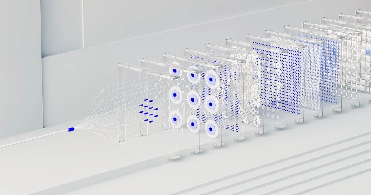 Abstract illustration of a neural network showing data flow and connected nodes, representing AI model metrics