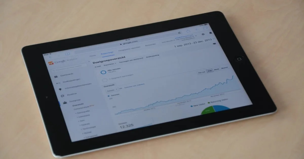 A digital tablet displaying a web analytics dashboard with graphs and charts