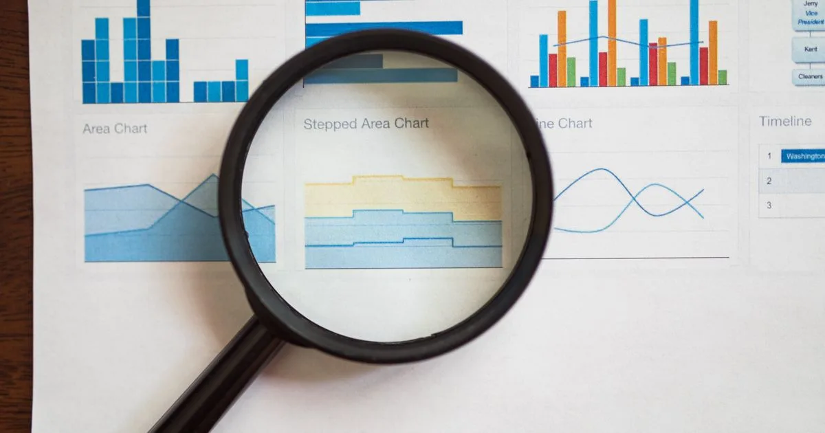 A magnifying glass focused on business charts and graphs on paper, representing closer inspection of ad performance data